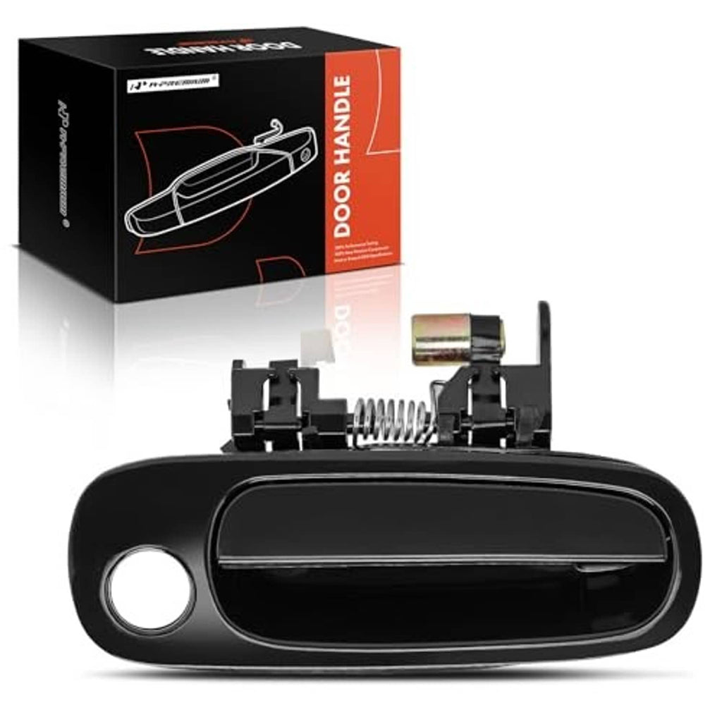 Smooth black exterior door handle with keyhole opening, wide side view.