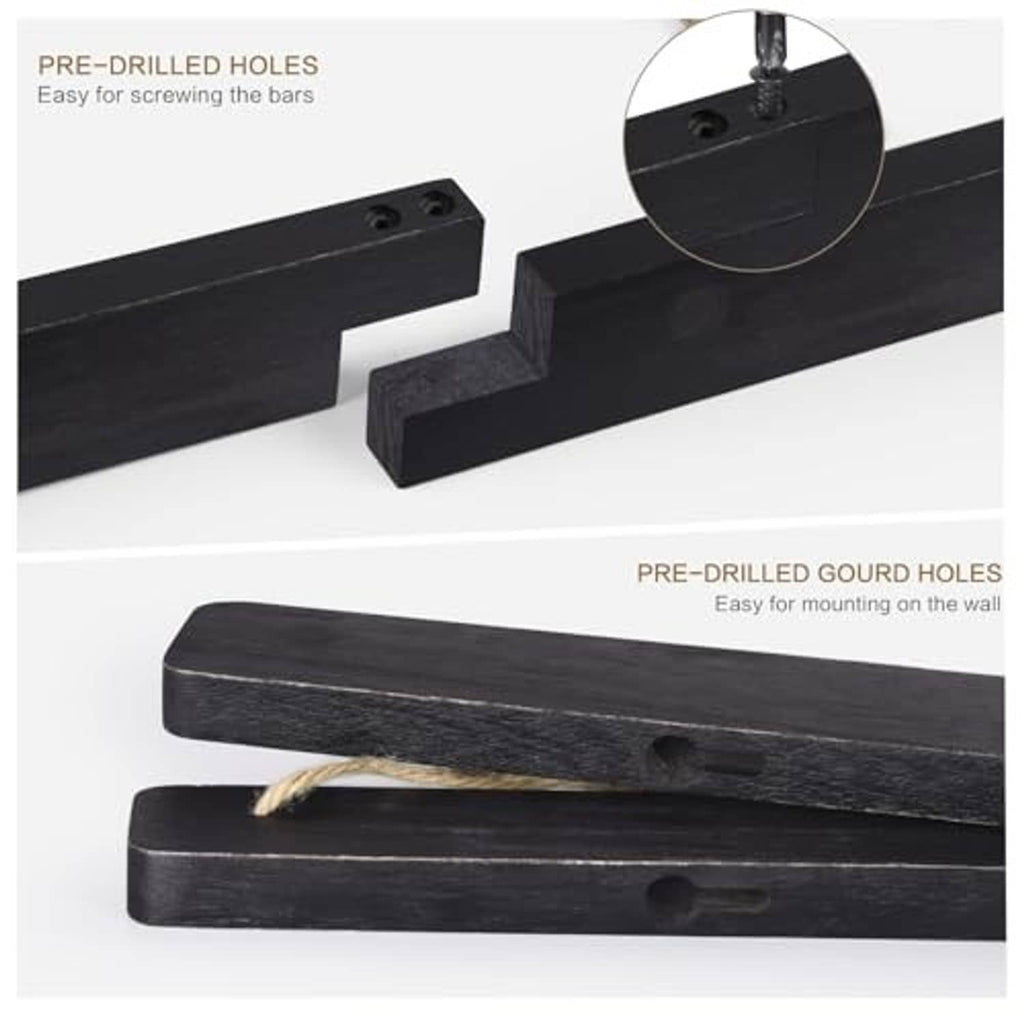 Black wood mounting bars with pre-drilled holes and gourd holes for easy wall setup