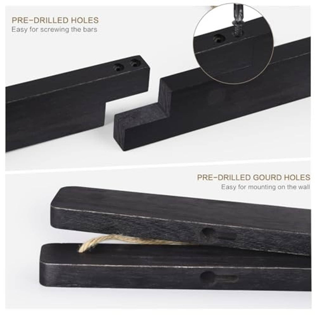 Black wood mounting bars with pre-drilled holes and gourd holes for easy wall setup
