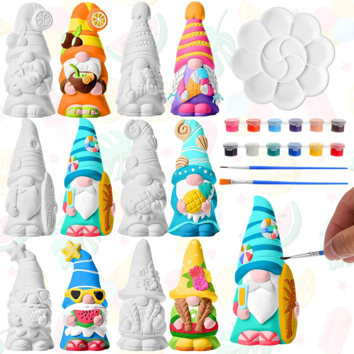 Unpainted white ceramic gnome figurine set for DIY painting and decorating