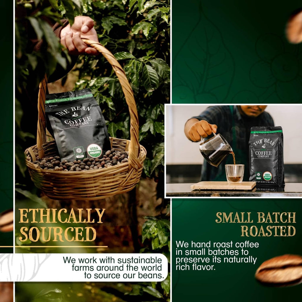 Wicker basket of coffee beans holding an organic branded coffee bag