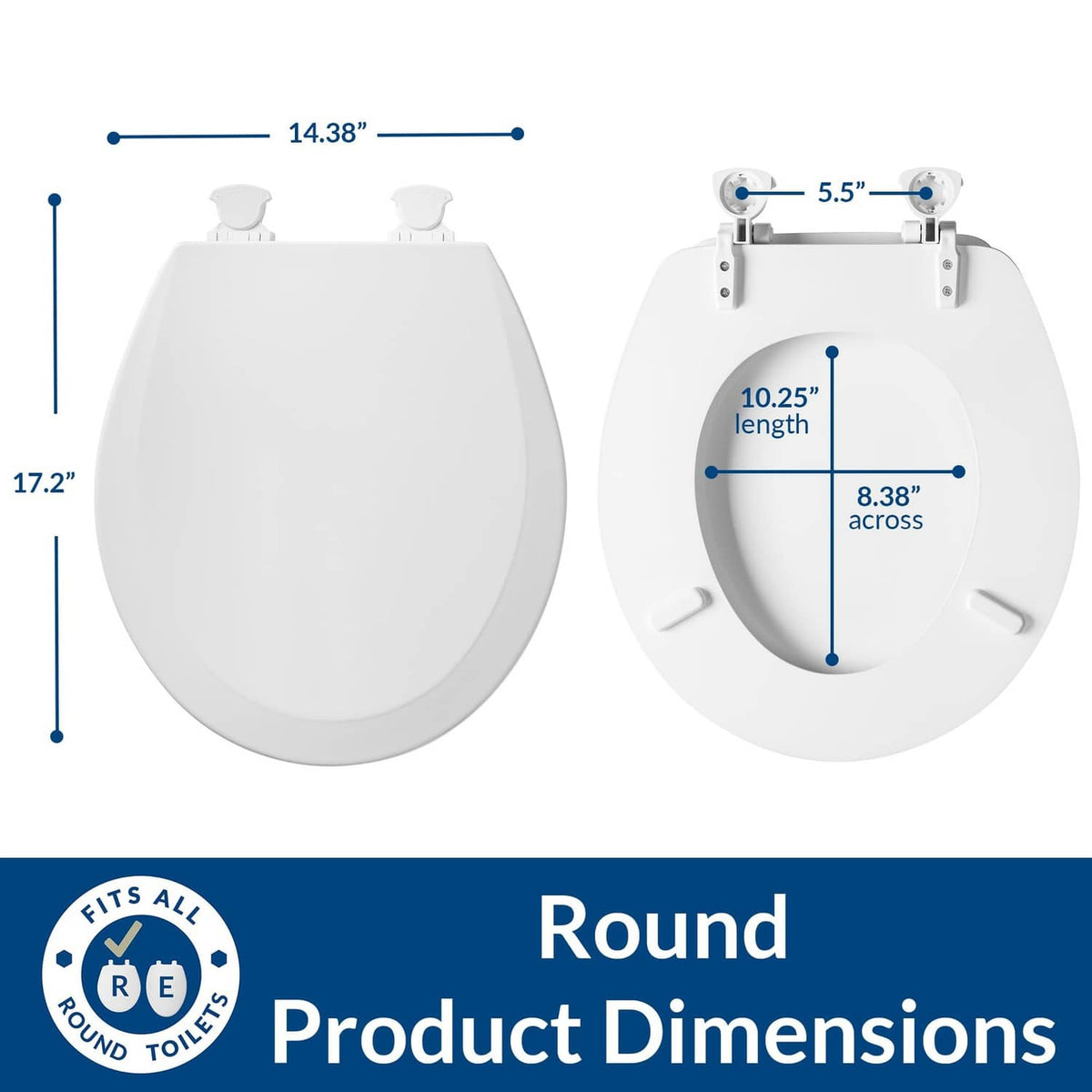 Round toilet seat dimensions diagram, 14.38 in wide and 17.2 in high