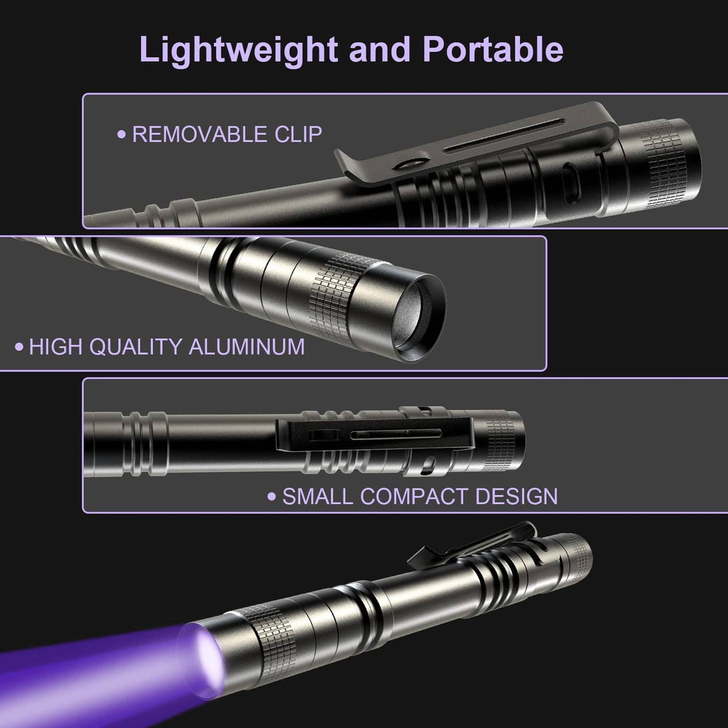 Black UV pen flashlight with textured grip, aluminum body, and front lens opening