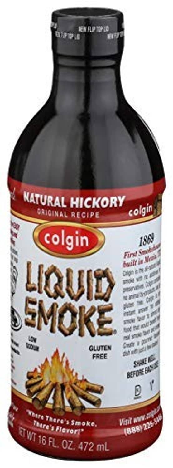 Colgin Liquid Smoke bottle front label with dark glass, red-and-white design, colgin badge.