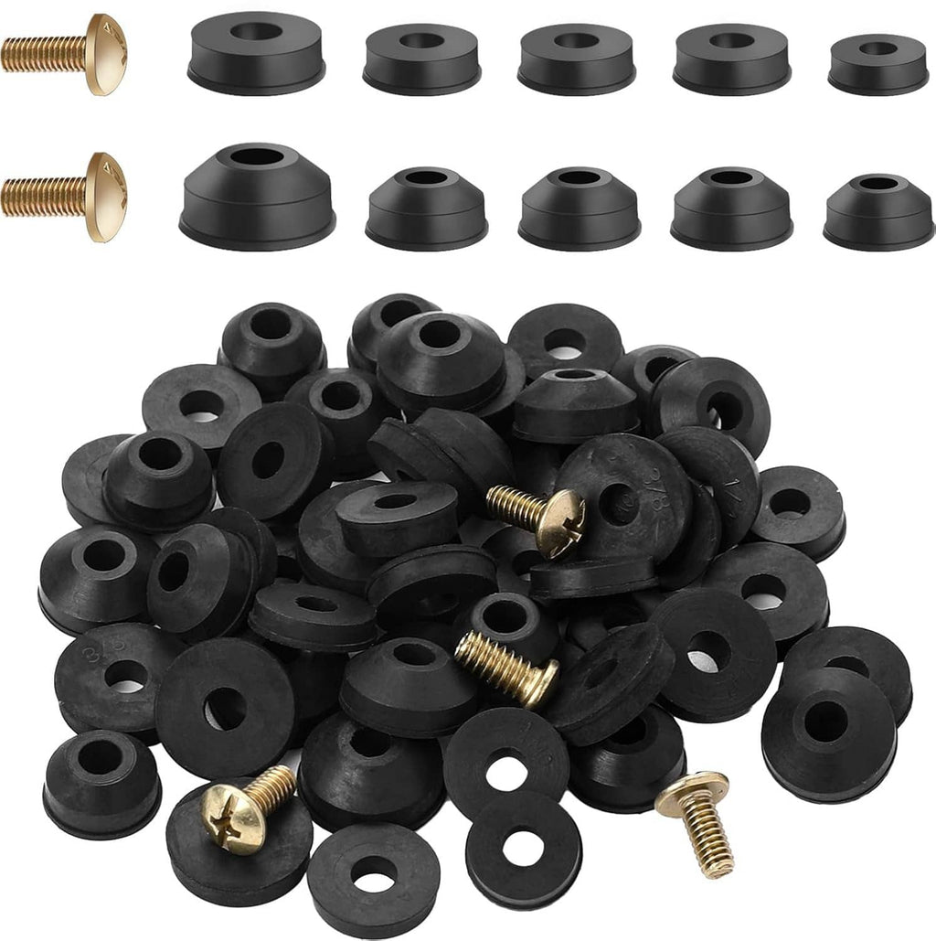 Set of black rubber faucet washers with brass screws, assorted flat and beveled