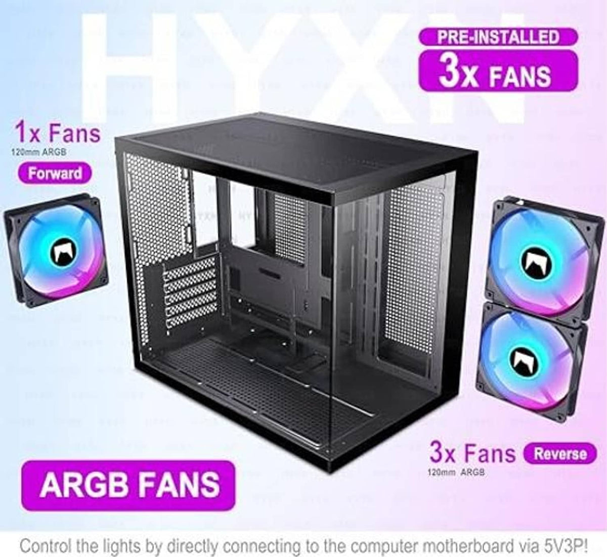 Black PC case with three pre-installed ARGB fans, forward and reverse airflow options shown.