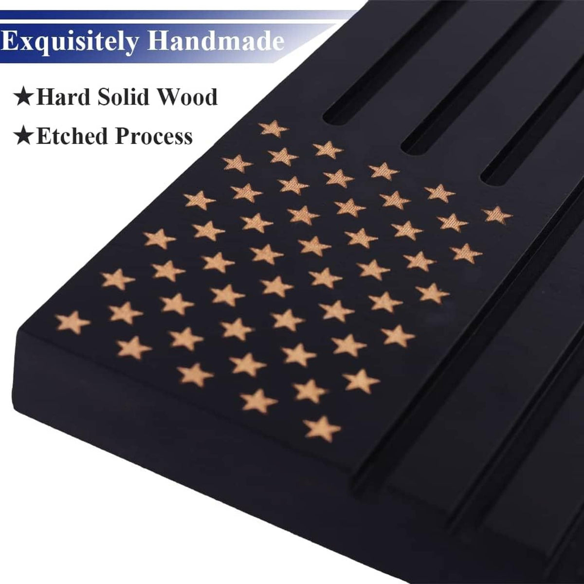 Dark wooden coin stand top with engraved star pattern and coin slots