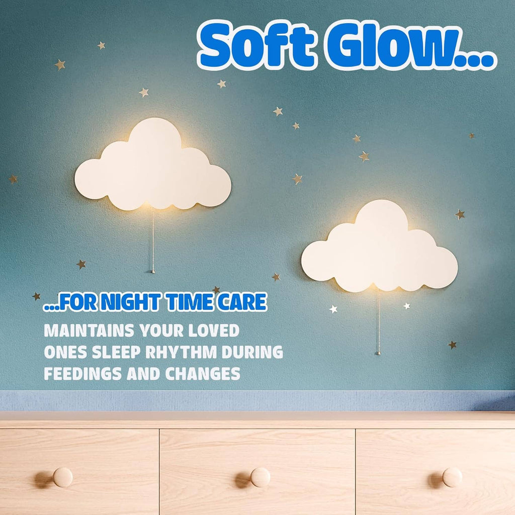 Two white cloud wall lamps with soft warm glow and dangling cords