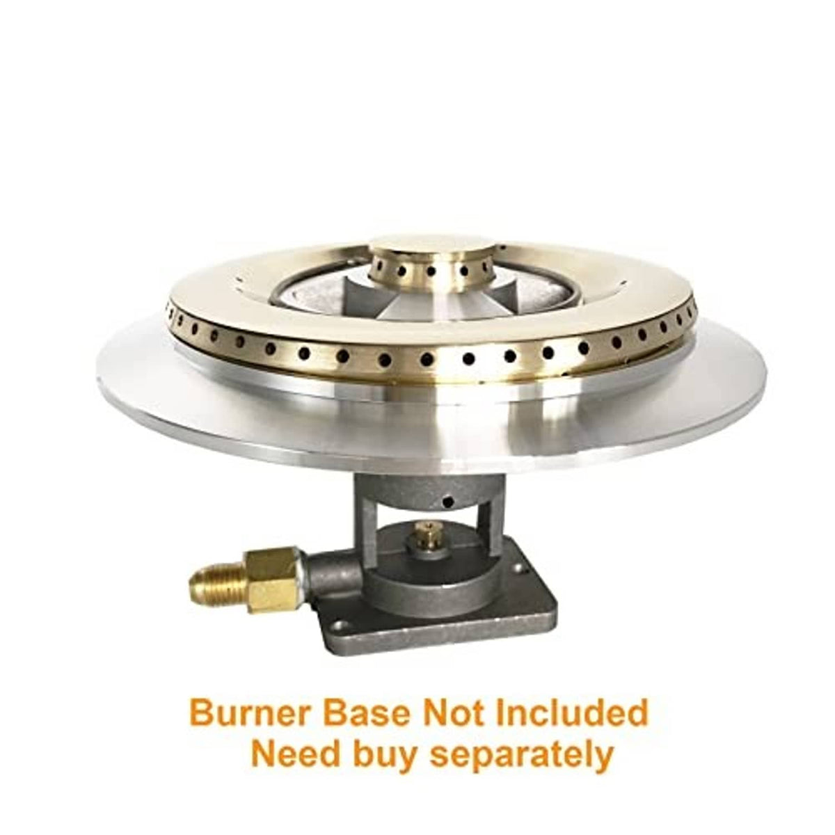 Brass burner head with silver guard and gas connector mount, countertop view