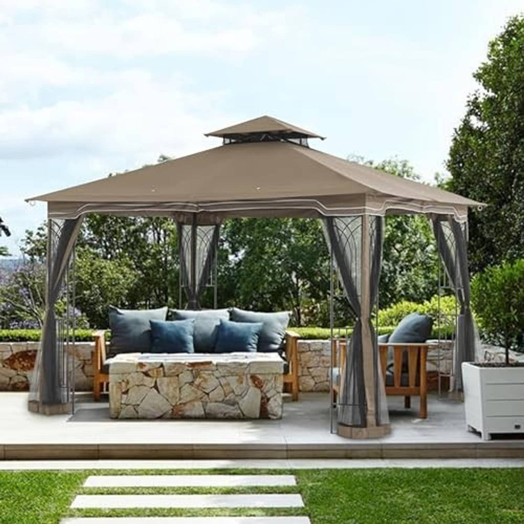 Khaki gazebo canopy cover installed over a patio with side curtains