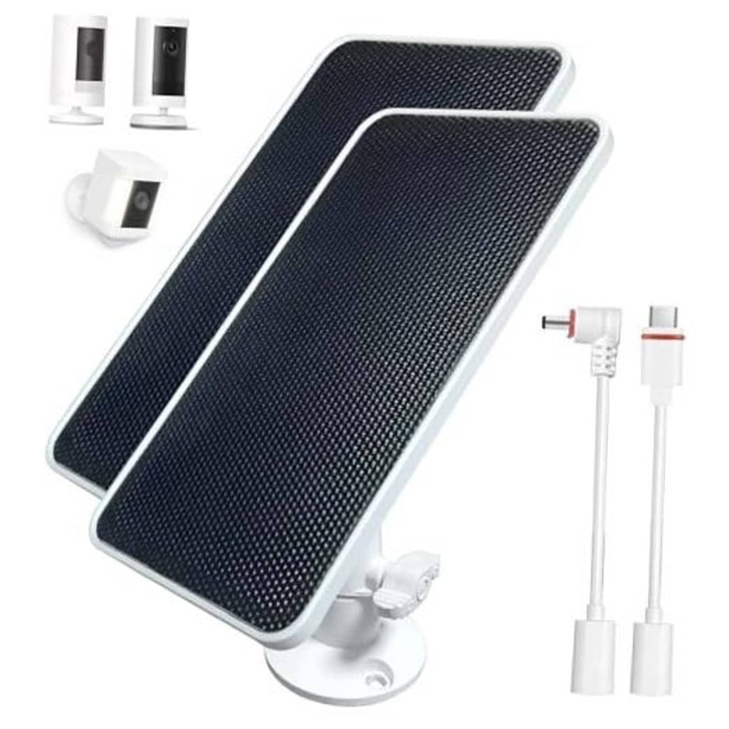 Outdoor solar panel charger with dark blue panel, white stand, and cable connectors