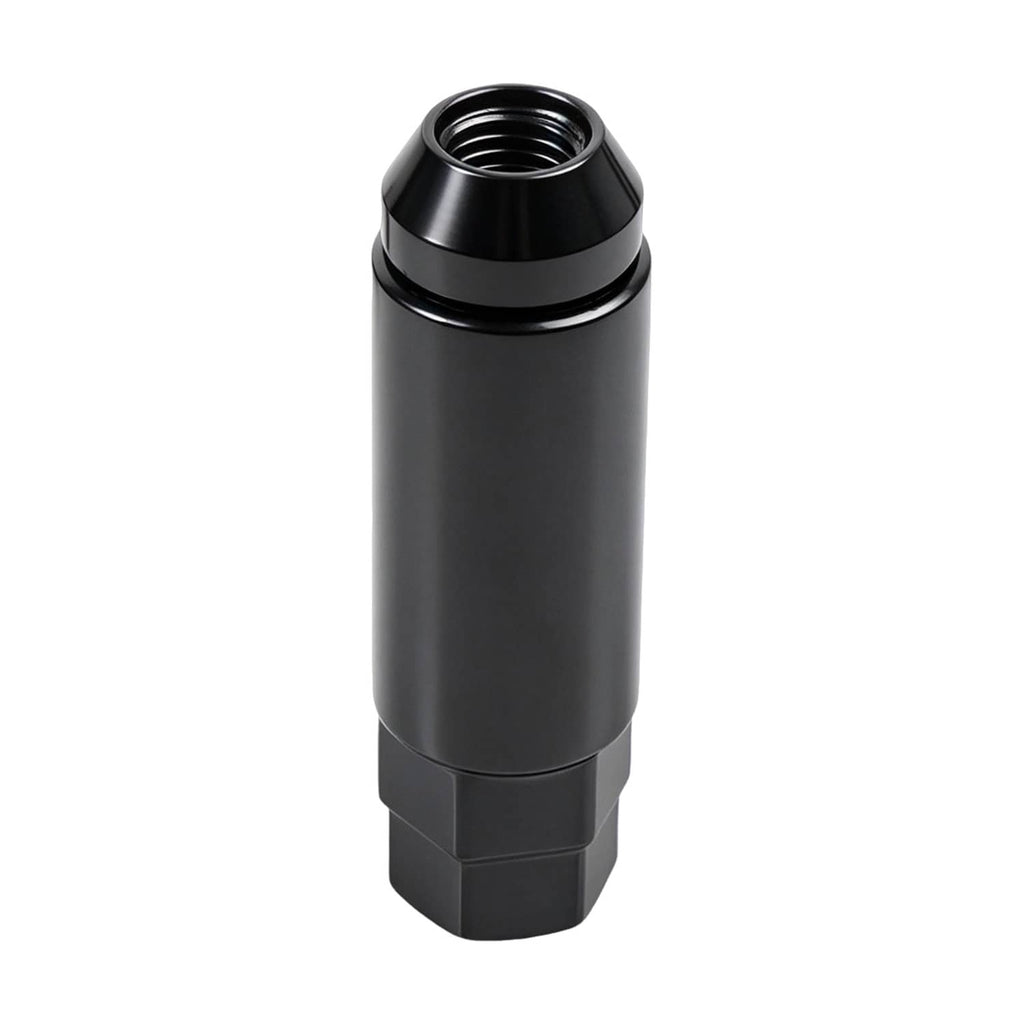Single black extended wheel lug nut with open-end hex and visible internal threads