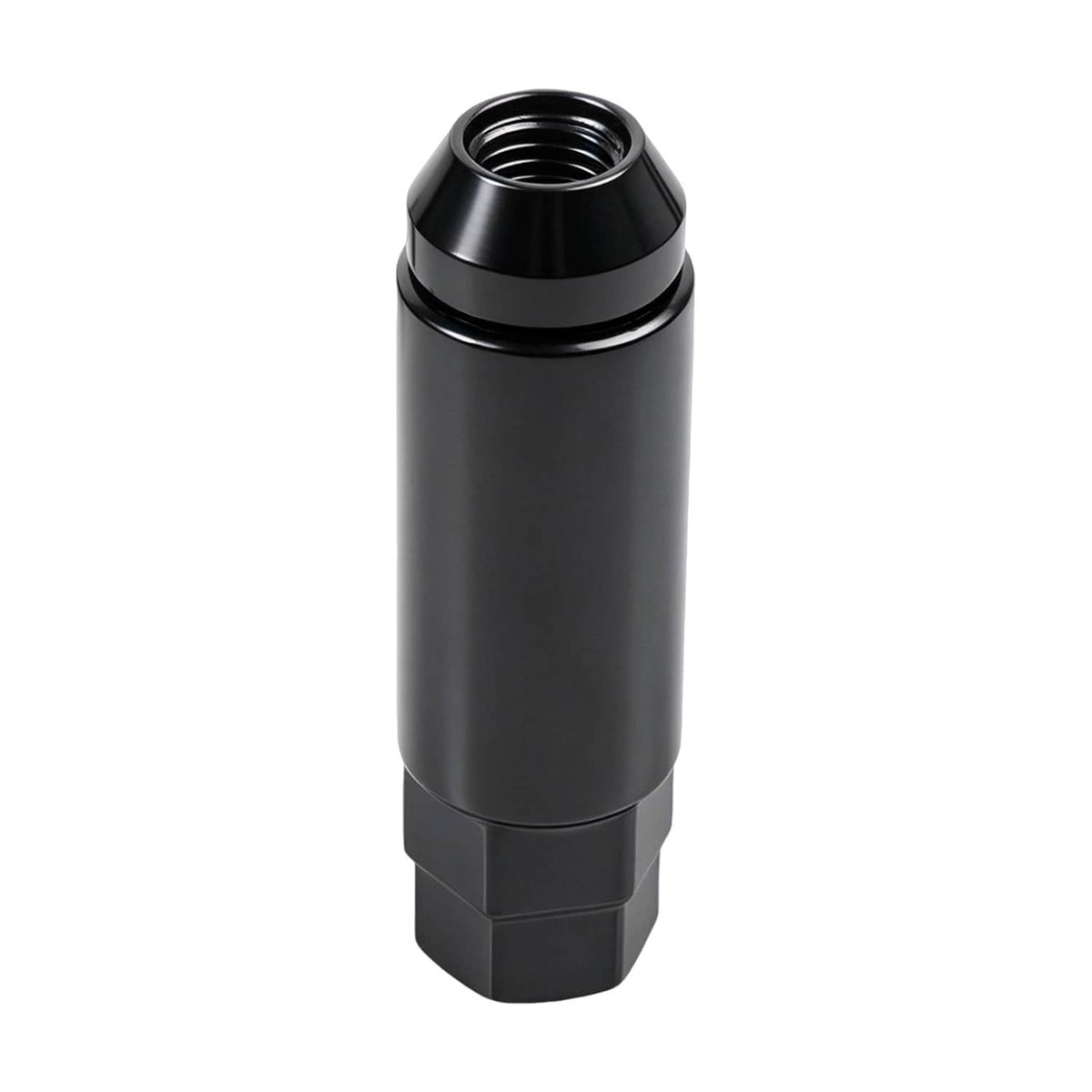 Single black extended wheel lug nut with open-end hex and visible internal threads