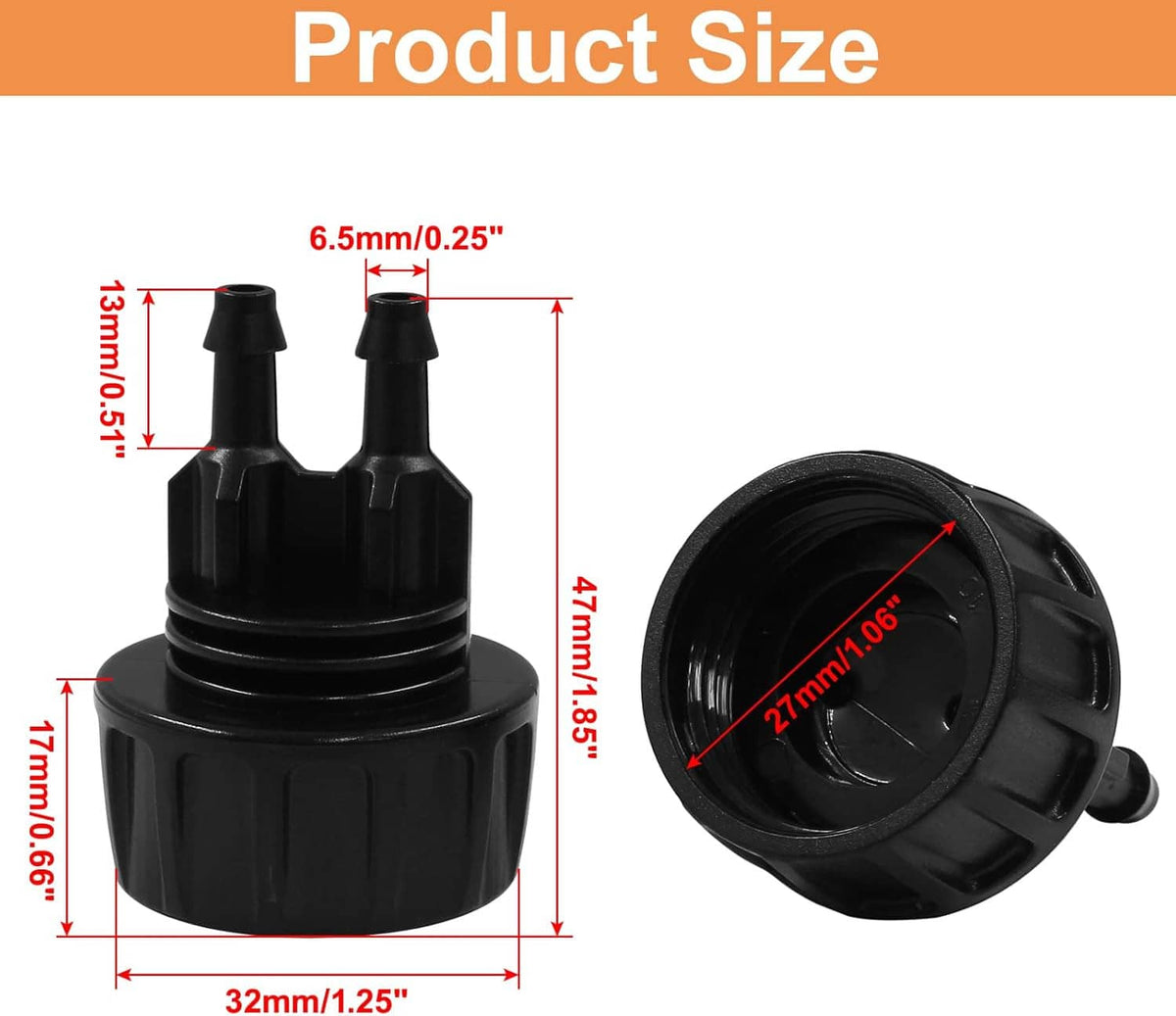 Black drip irrigation tubing adapter set with size dimensions for 1/4 in tubing