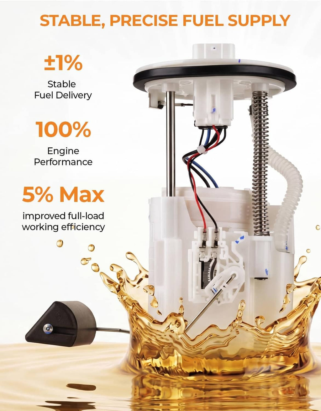 Fuel pump assembly with white housing and black pickup float, shown with fuel splash