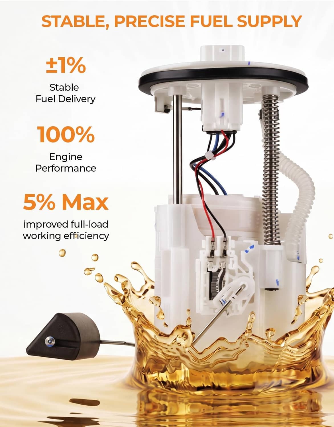 Fuel pump assembly with white housing and black pickup float, shown with fuel splash