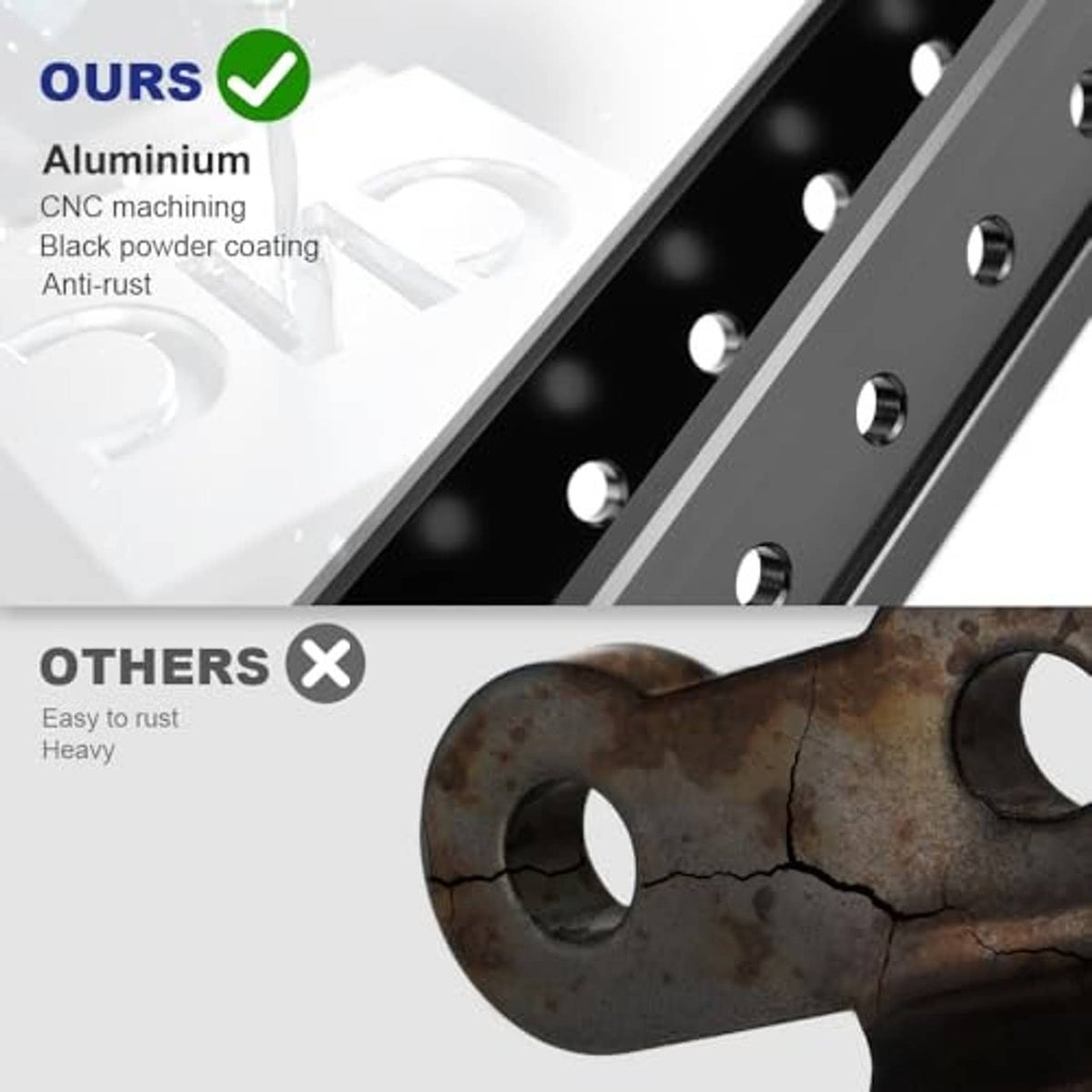 Black perforated metal mount bar with bolt holes, close-up detail