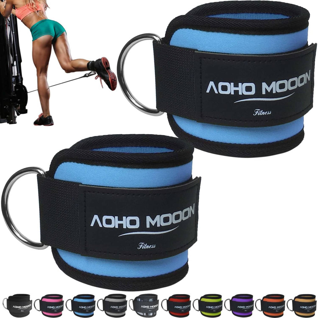 Blue and black adjustable ankle straps with metal D-ring, AOHO MOOON