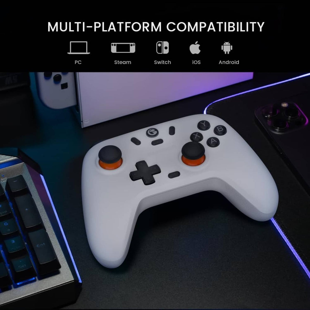 White wireless gamepad controller with orange thumbstick caps and D-pad