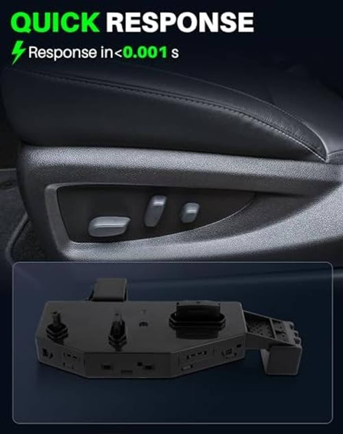 Power seat control switches installed in a black car armrest panel