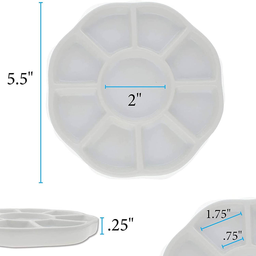 White 9-well ceramic watercolor palette, top view with size markings