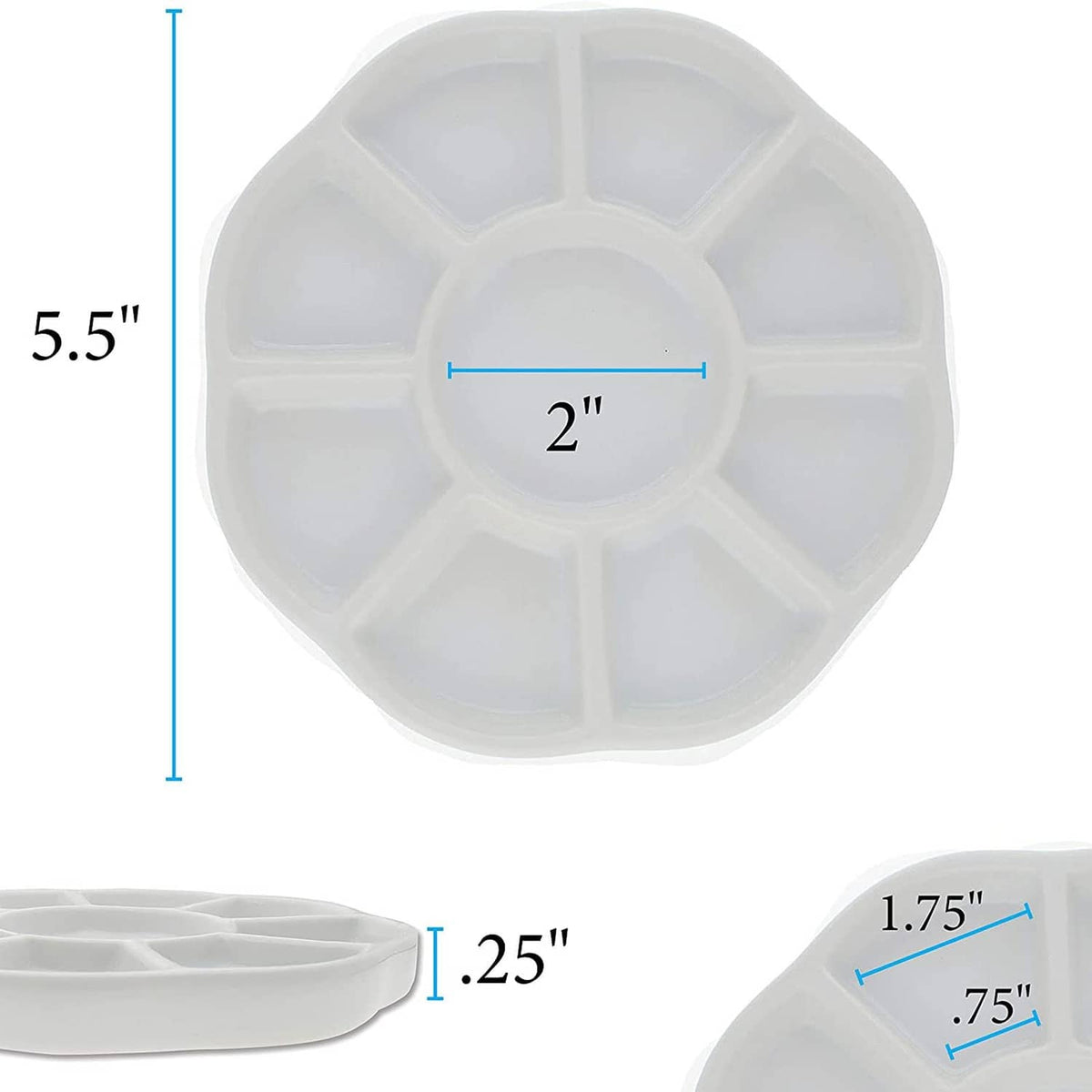 White 9-well ceramic watercolor palette, top view with size markings