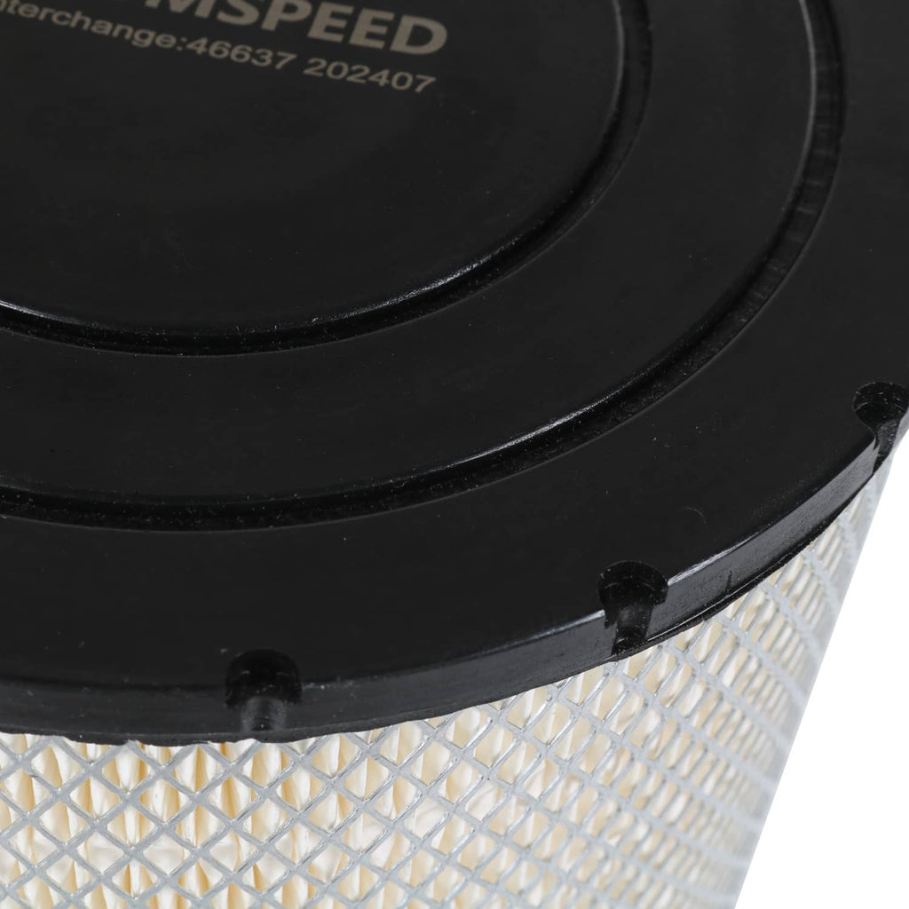 Close-up of black top ring and small mounting tabs on white air filter