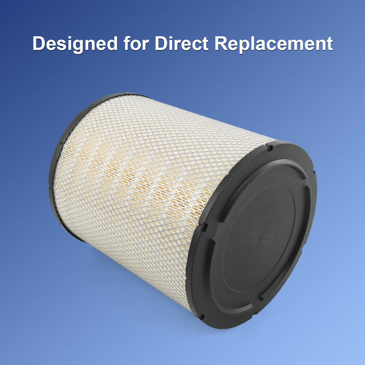 Angled cylindrical air filter with black end cap and pleated media, RS3518