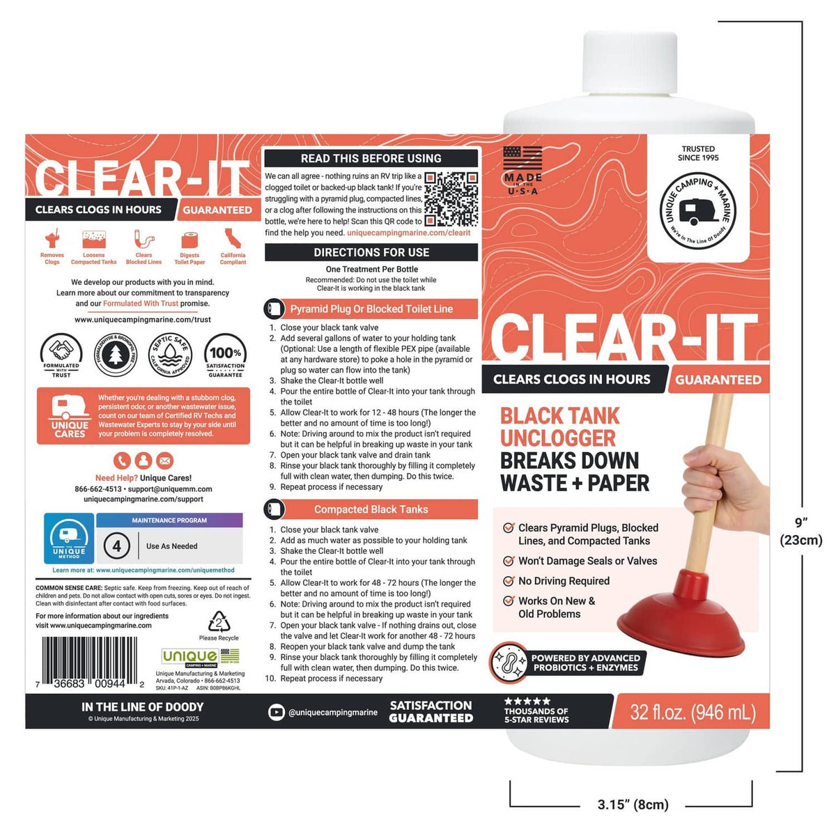 Clear-It black tank unclogger bottle showing front and back labels with size measurements