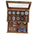Walnut 2-tier watch storage box with hinged glass lid and 10 padded compartments