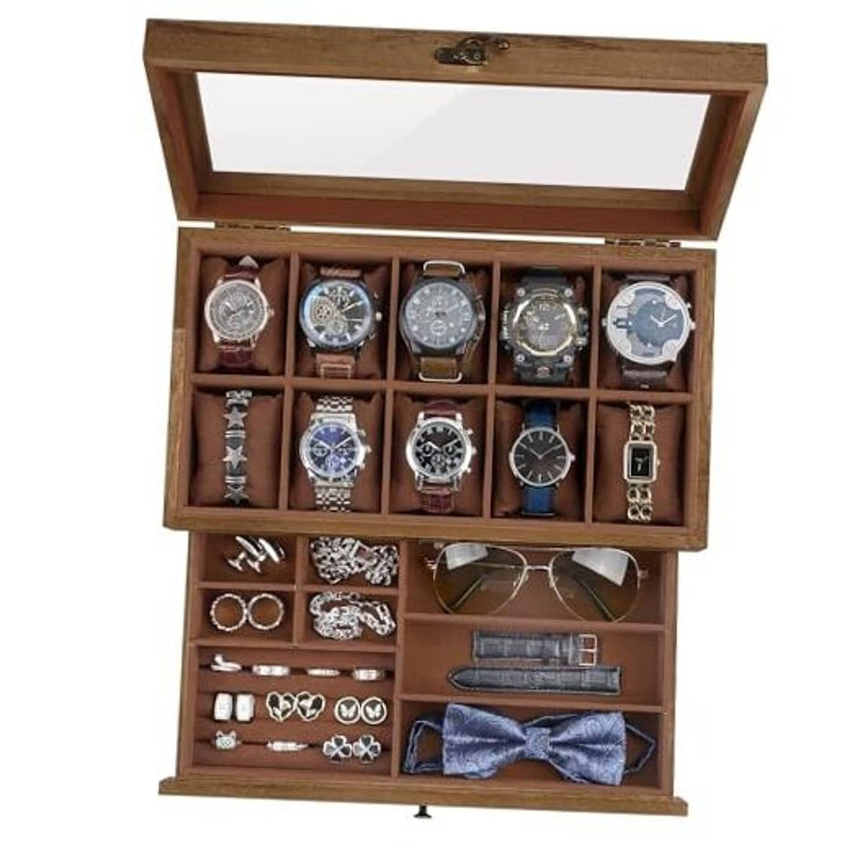 Walnut 2-tier watch storage box with hinged glass lid and 10 padded compartments