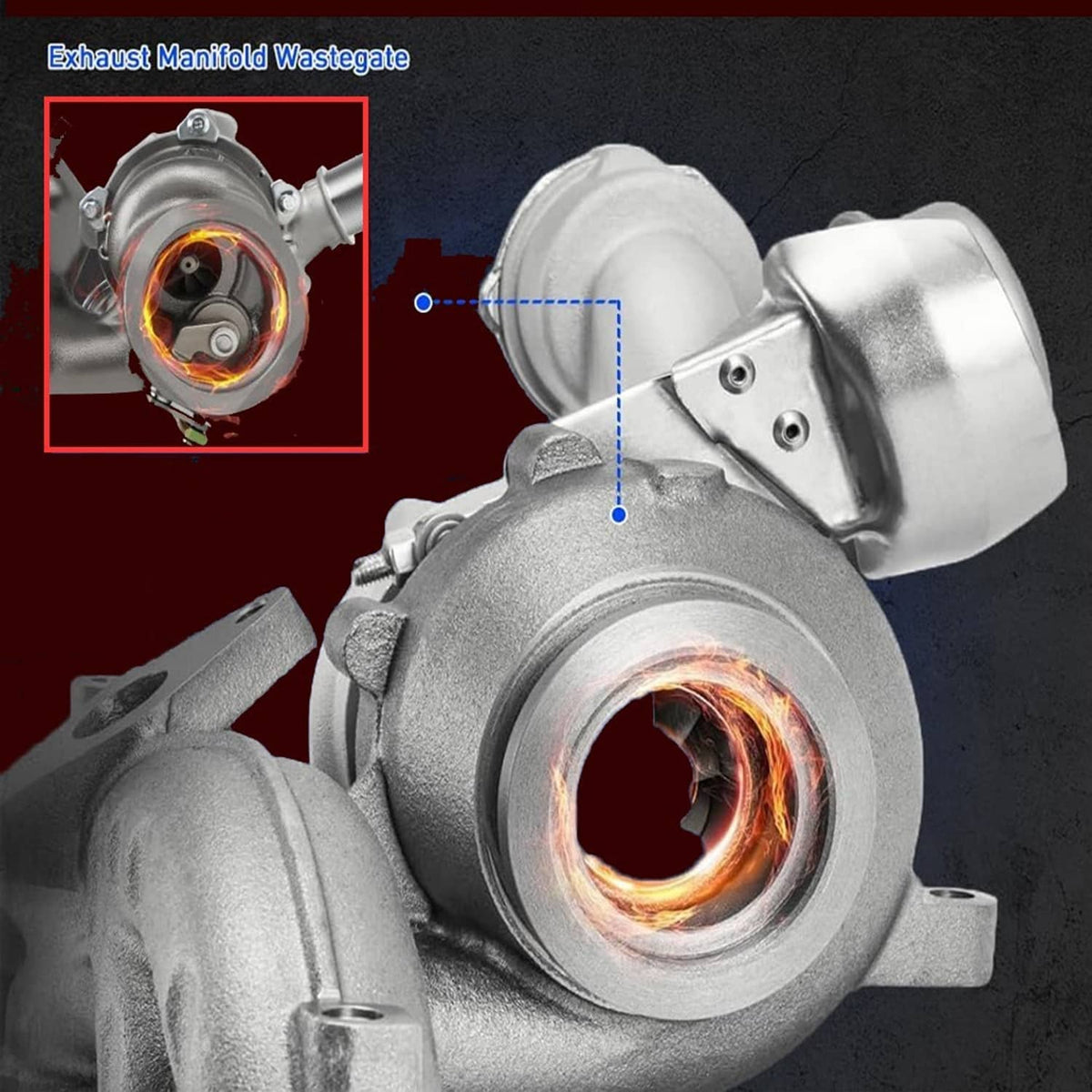Turbocharger turbine housing with glowing exhaust wheel and wastegate section