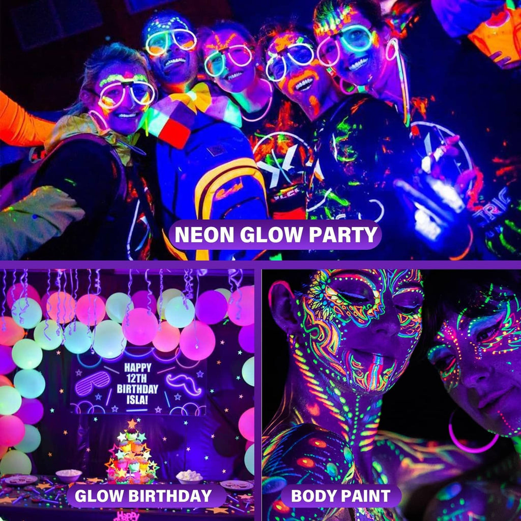 Battery-powered black light creating neon purple glow on faces at a party