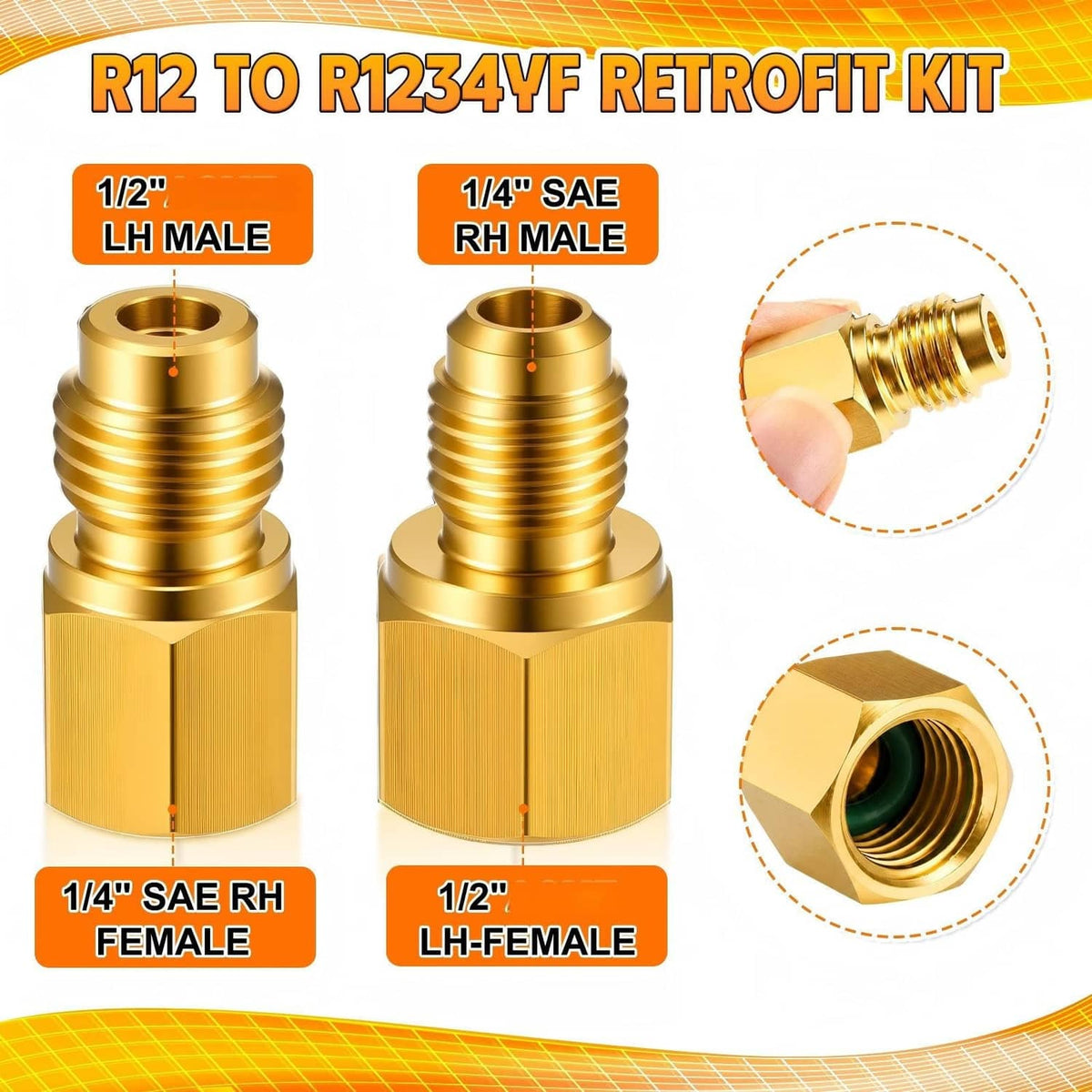 Brass R12 to R1234YF retrofit adapter fittings with LH/RH male connectors