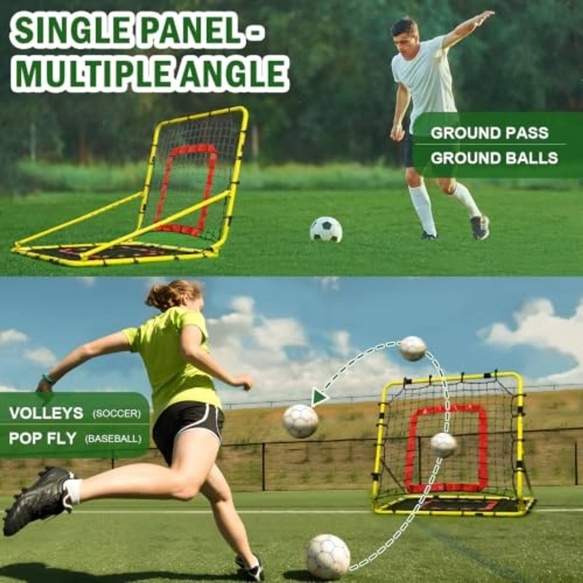 Outdoor yellow baseball rebounder net with red square target and black mesh catching panel