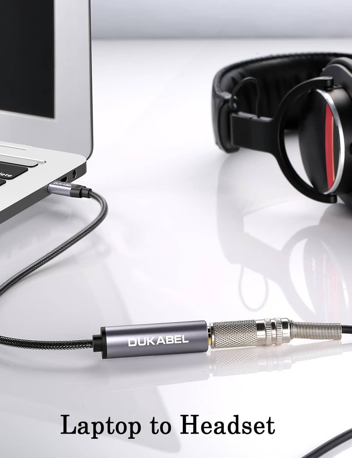 Braided audio adapter cable with grey USB-C plug and metal 6.35mm headphone connector