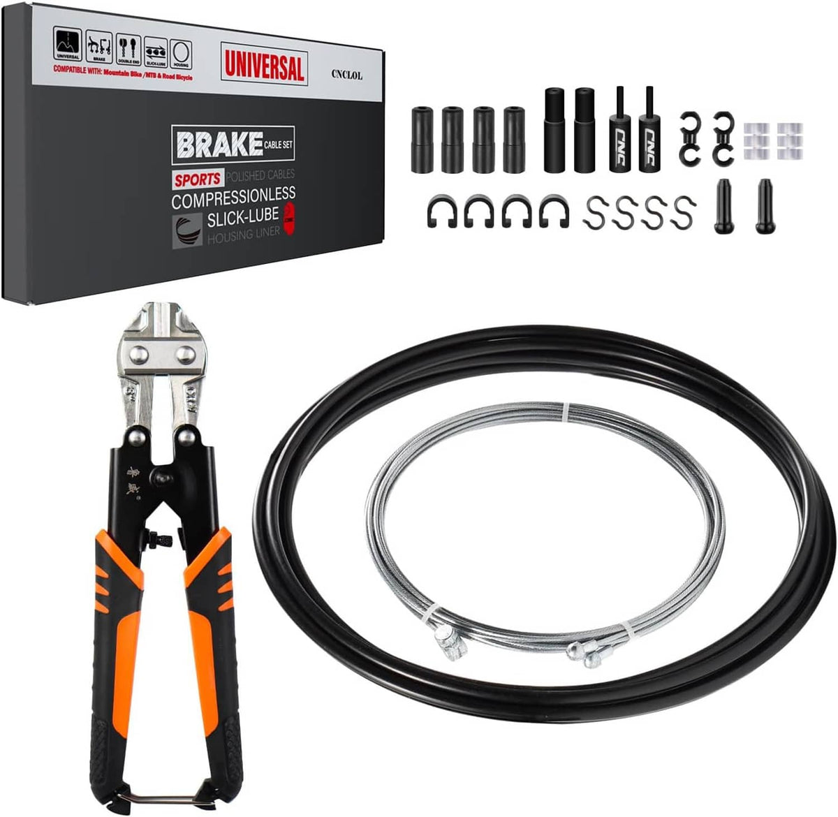 Universal bicycle brake cable set with black housing, inner wire, and accessory clips