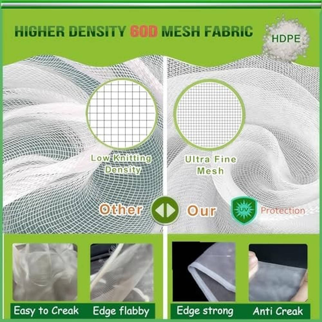 Close-up of white protective fruit tree netting mesh with fine grid pattern