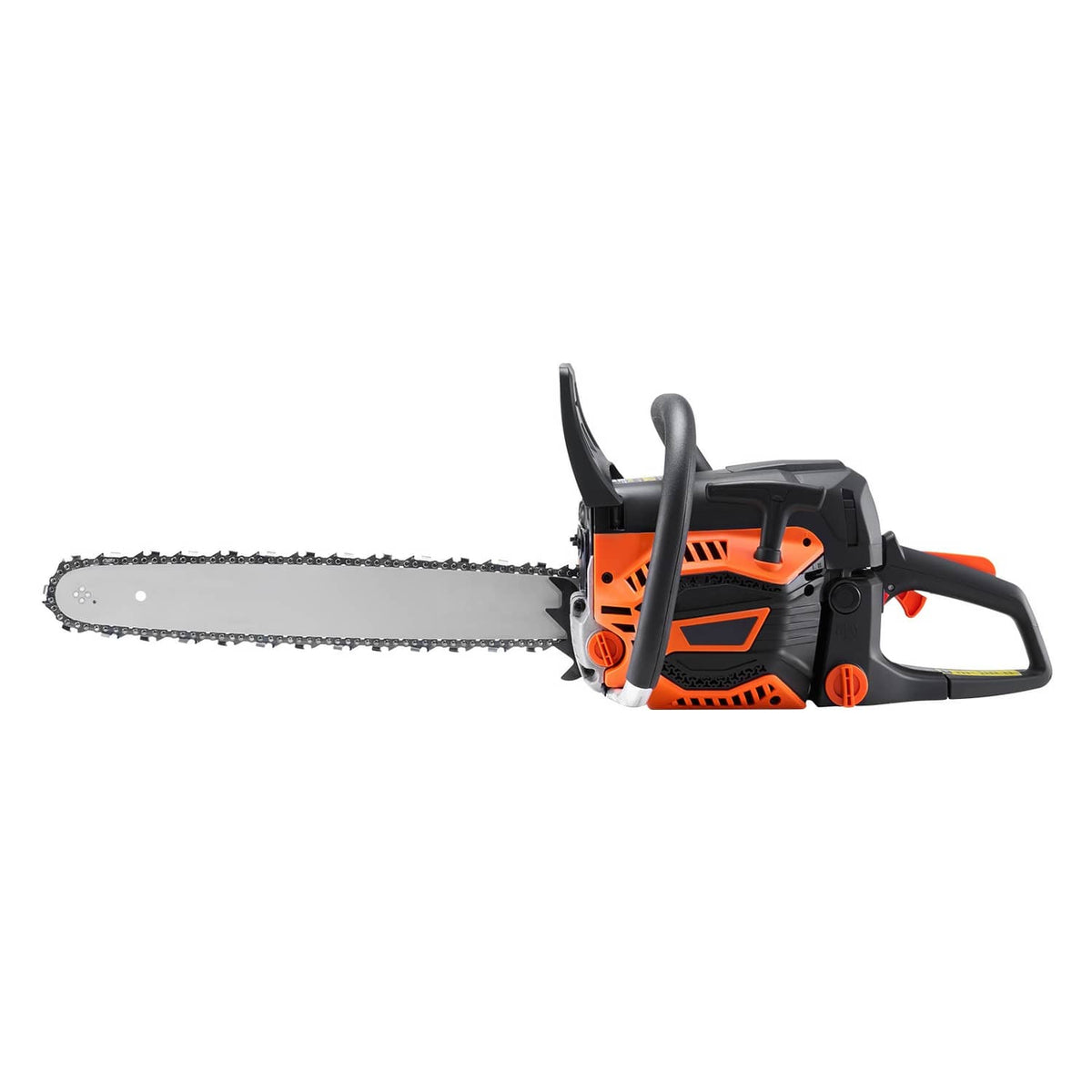 18 in gasoline chainsaw with orange-and-black body, guide bar and cutting chain