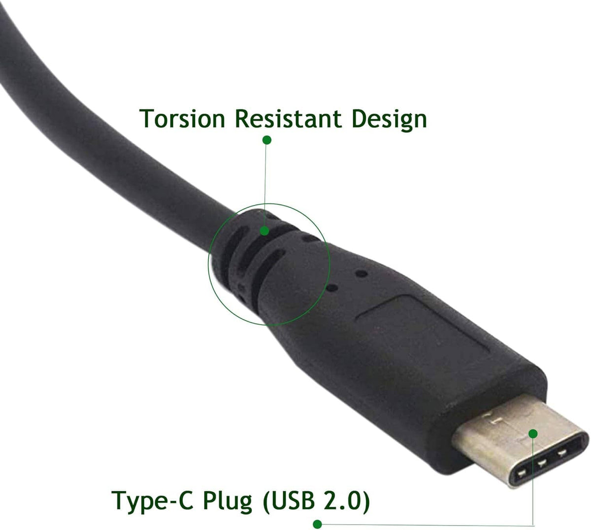 USB Type-C male plug on black cable, with strain relief and visible connector pins
