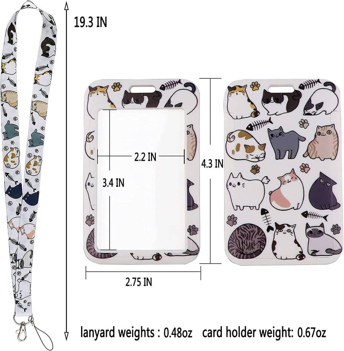 Cat-print lanyard with ID card holder pouch, shown with size and weight diagram