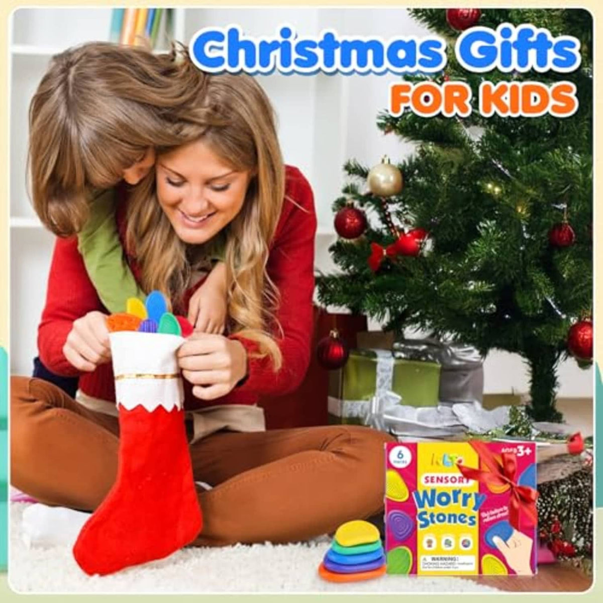 Sensory worry stones set near Christmas decor with colorful textured pebbles and box