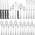 Stainless-steel silverware set with black handles, including steak knives, forks, and spoons