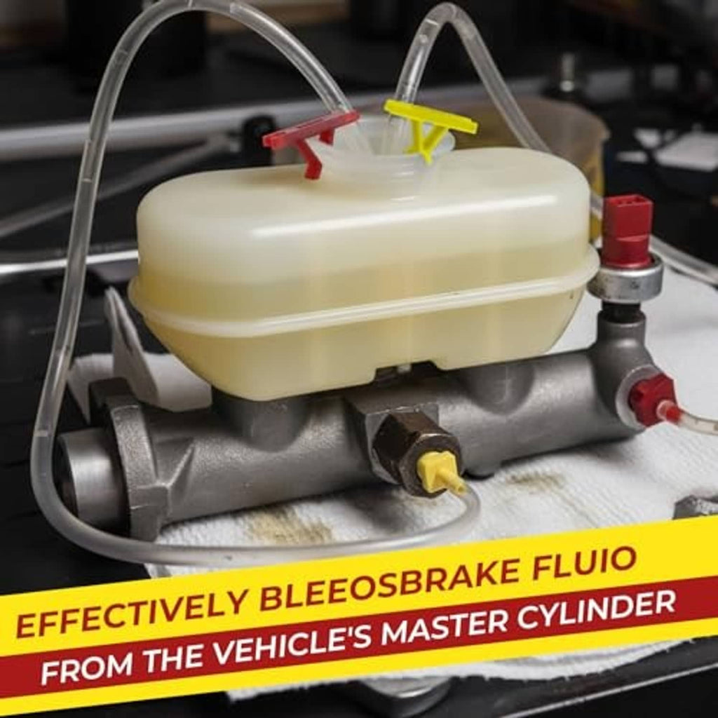 Clear hose connected to brake master cylinder with red/yellow caps and fittings for effective bleeding