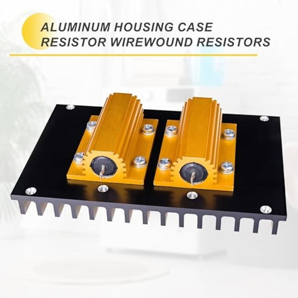 Aluminum-housing wirewound resistor mounted on dark base with screw fasteners