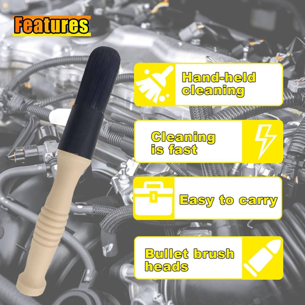 Handheld car parts cleaning brush with black bristles and beige ribbed shaft