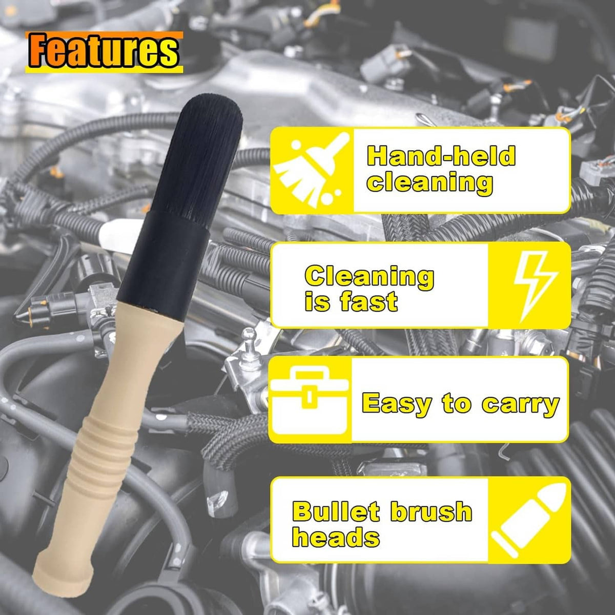 Handheld car parts cleaning brush with black bristles and beige ribbed shaft