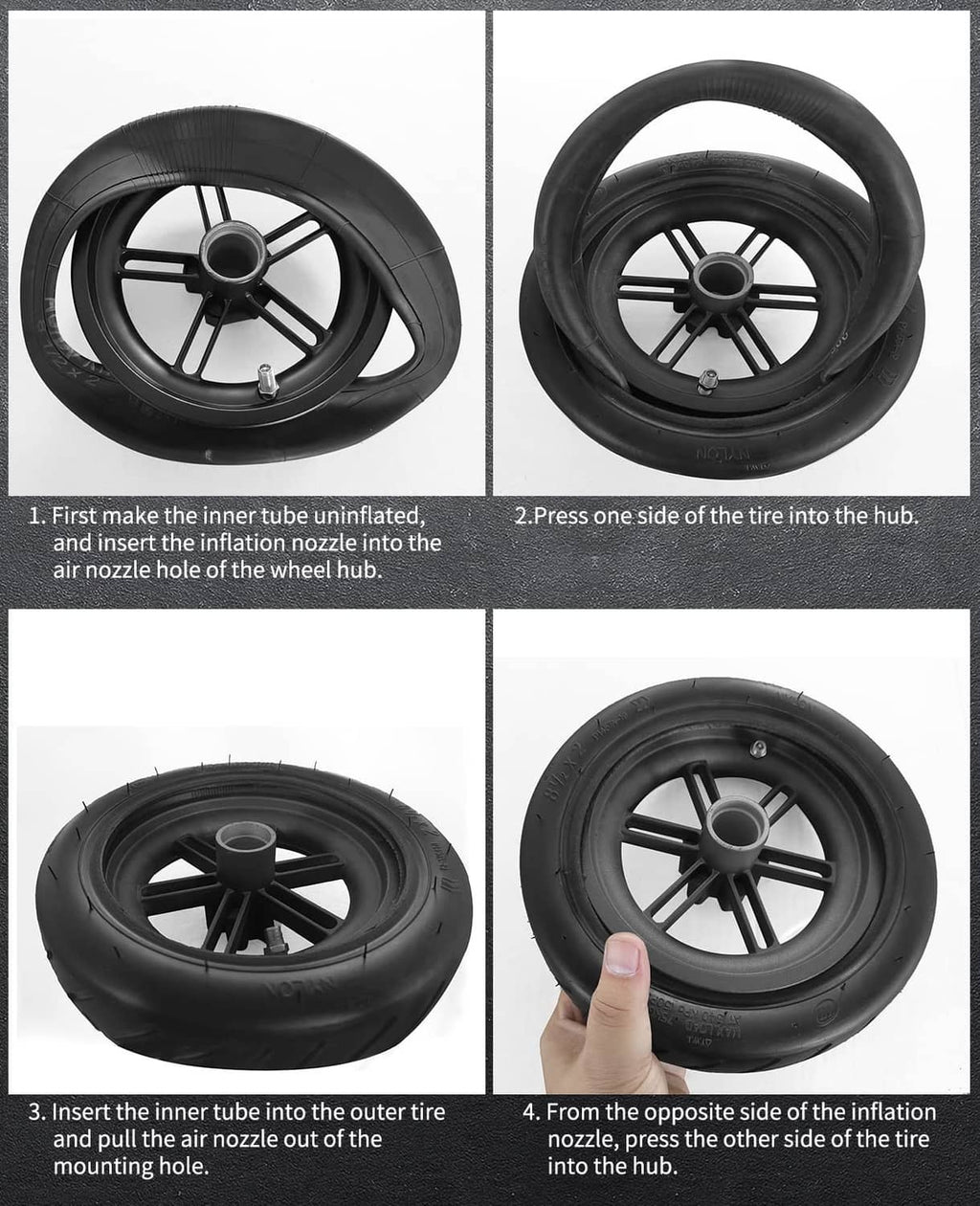 How to mount a black inner tube: place into tire and press valve through