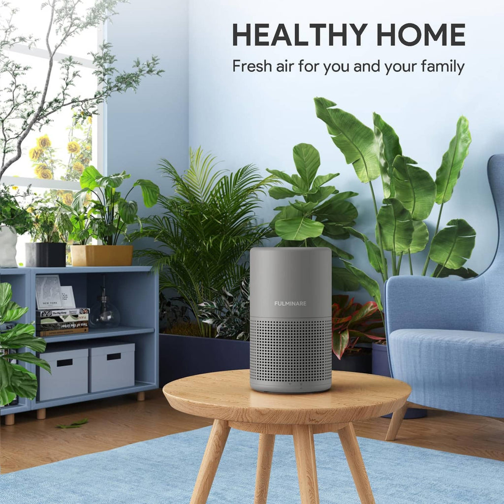 Gray FULMINARE compact air purifier on wood table, front perforated intake grille