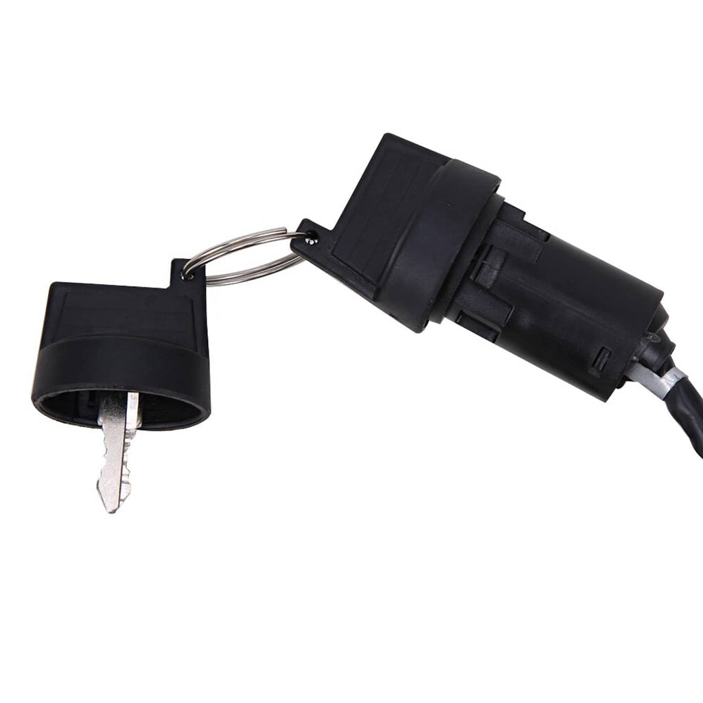 Ignition key switch with black housing, metal key, and braided wire harness